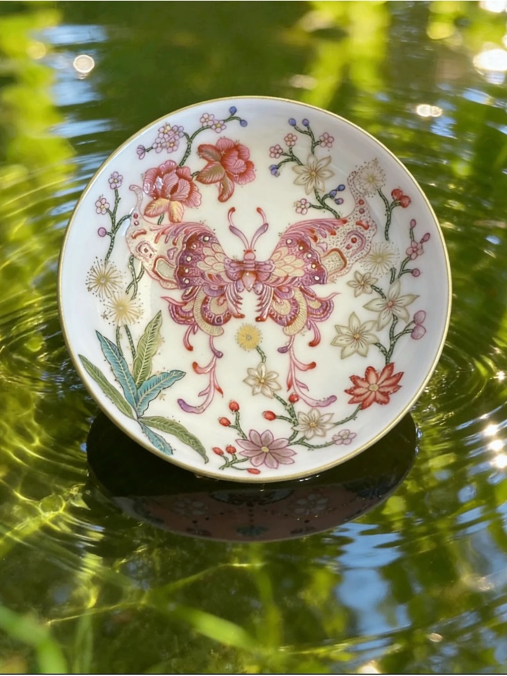 18K Gold Enamel Butterfly Floral Teacup/Luxury Handcrafted Procelain